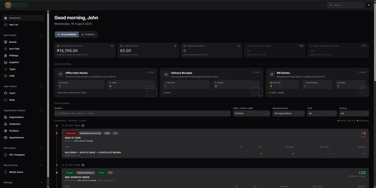The SIMS admin dashboard with full navigation sidebar, Accountability and Analytics tabs, and two greyed-out stat tiles badged SOON.