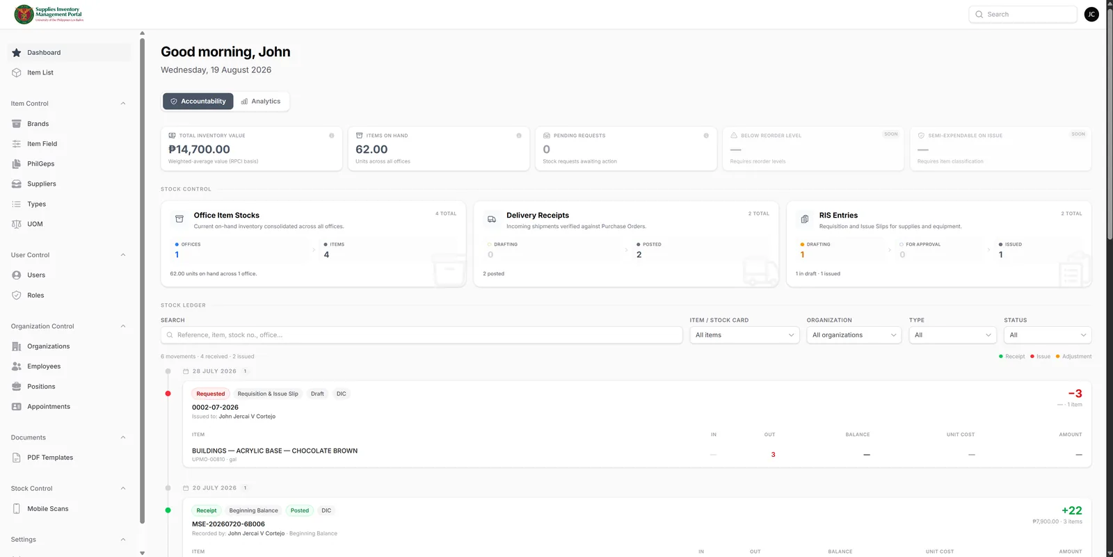 The SIMS admin dashboard with full navigation sidebar, Accountability and Analytics tabs, and two greyed-out stat tiles badged SOON.
