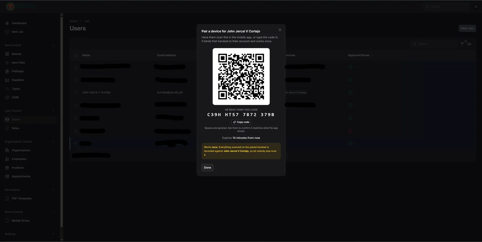 A modal titled 'Pair a device' showing a QR code, a typeable pairing code, a copy button, an expiry countdown, and a warning that everything scanned on the handset is recorded against that person.