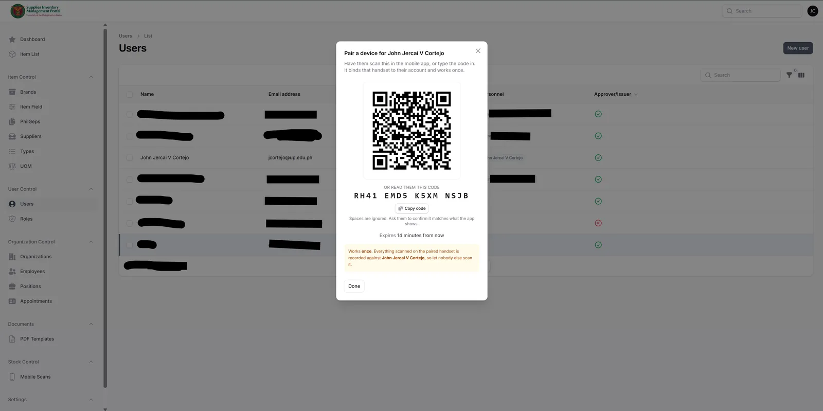 A modal titled 'Pair a device' showing a QR code, a typeable pairing code, a copy button, an expiry countdown, and a warning that everything scanned on the handset is recorded against that person.
